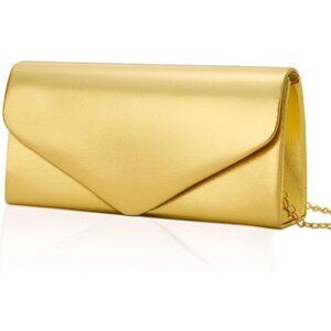 🆕Women Gold Metallic Vegan Leather Evening Clutch Bag with Chain Strap Wedding
